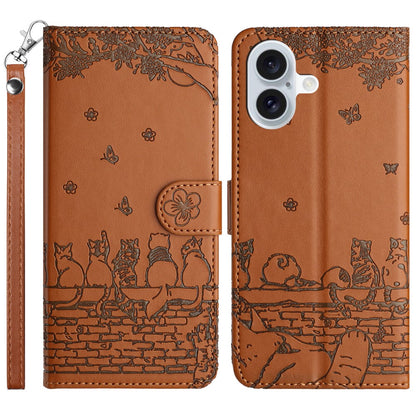 For iPhone 17 Case with Wrist Strap Leather Phone Cover Wall Cats Pattern