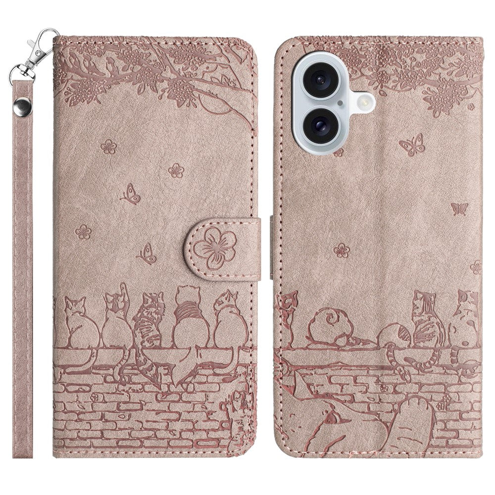 For iPhone 17 Case with Wrist Strap Leather Phone Cover Wall Cats Pattern