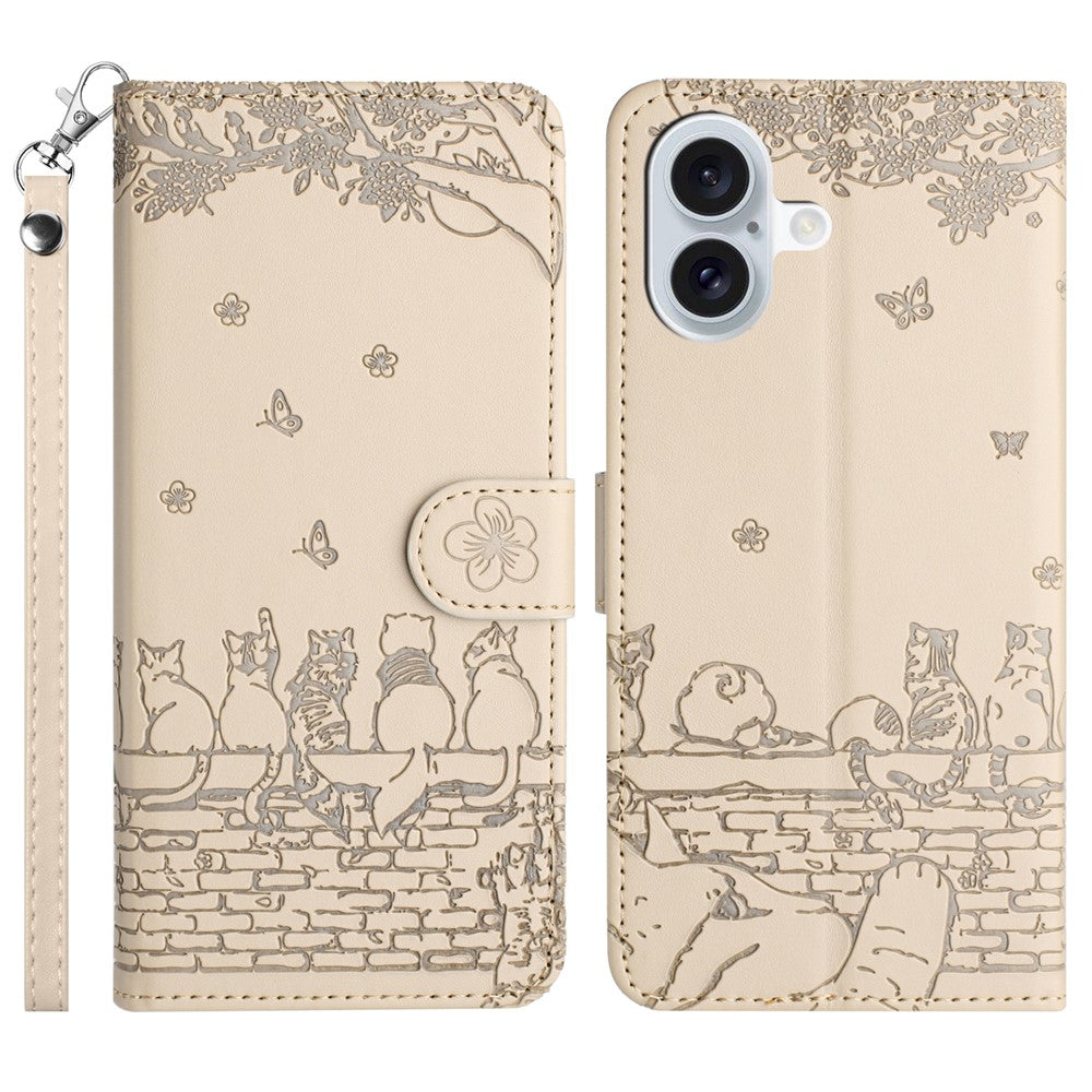 For iPhone 17 Case with Wrist Strap Leather Phone Cover Wall Cats Pattern