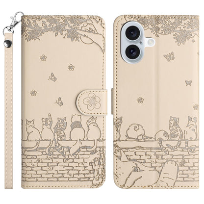 For iPhone 17 Case with Wrist Strap Leather Phone Cover Wall Cats Pattern