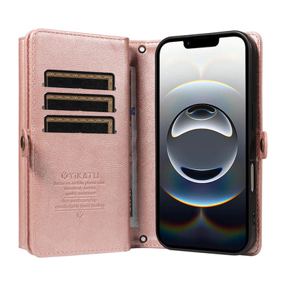 YIKATU For iPhone 17e / 16e Case  YK-008 Zipper Wallet Leather Phone Cover with Shoulder Strap