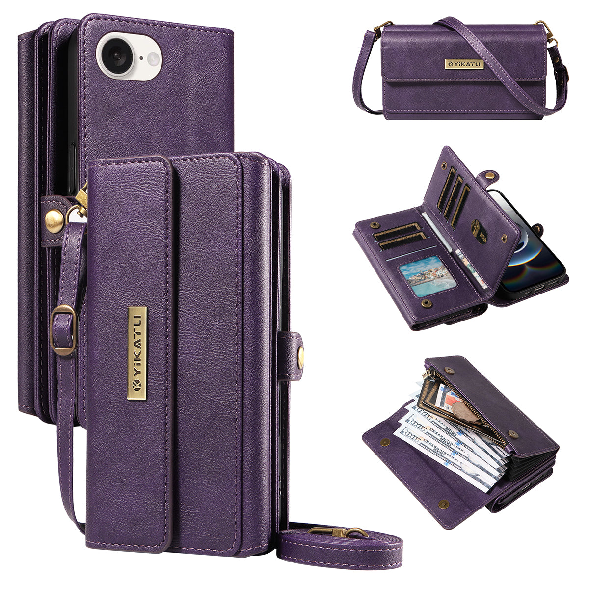 YIKATU For iPhone 17e / 16e Case  YK-008 Zipper Wallet Leather Phone Cover with Shoulder Strap