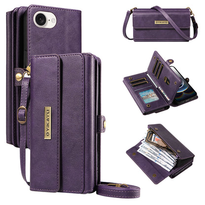 YIKATU For iPhone 17e / 16e Case  YK-008 Zipper Wallet Leather Phone Cover with Shoulder Strap