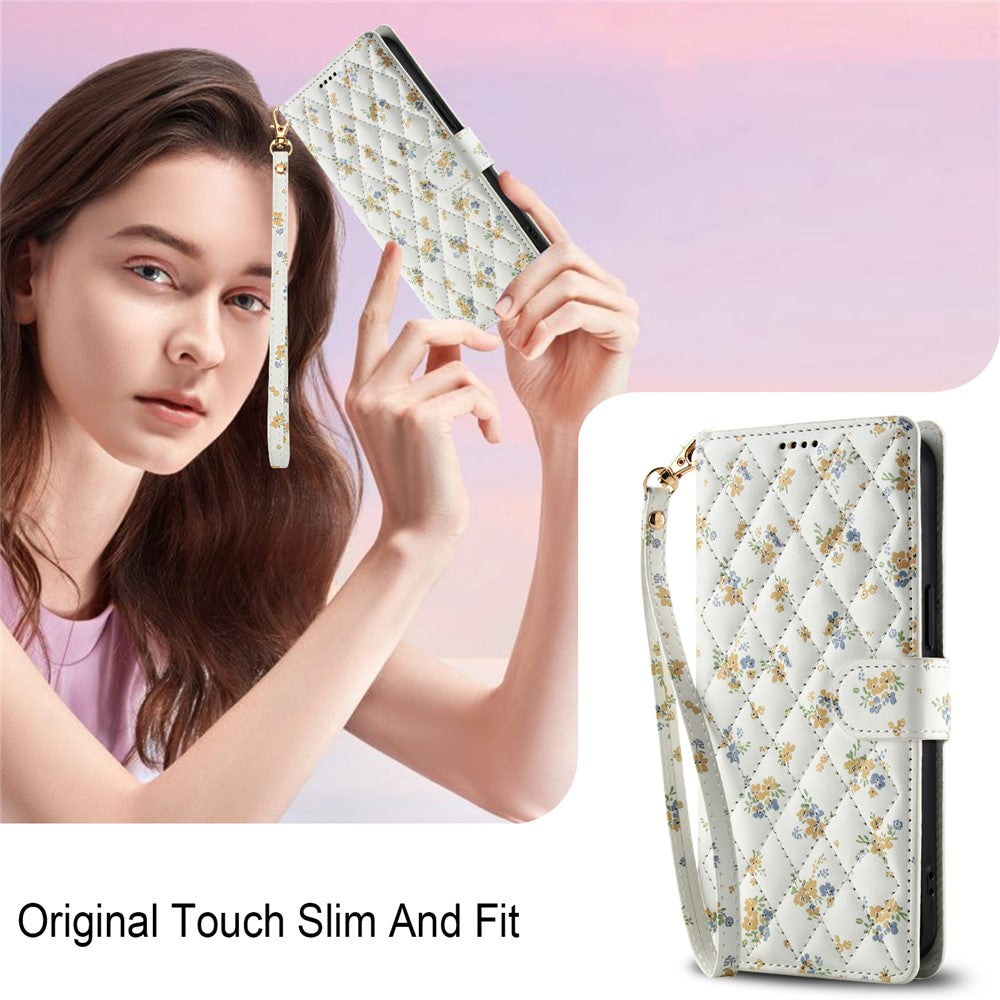 For iPhone 17 Wallet Case Rhombic Floral Design Leather Flip Phone Cover with Strap