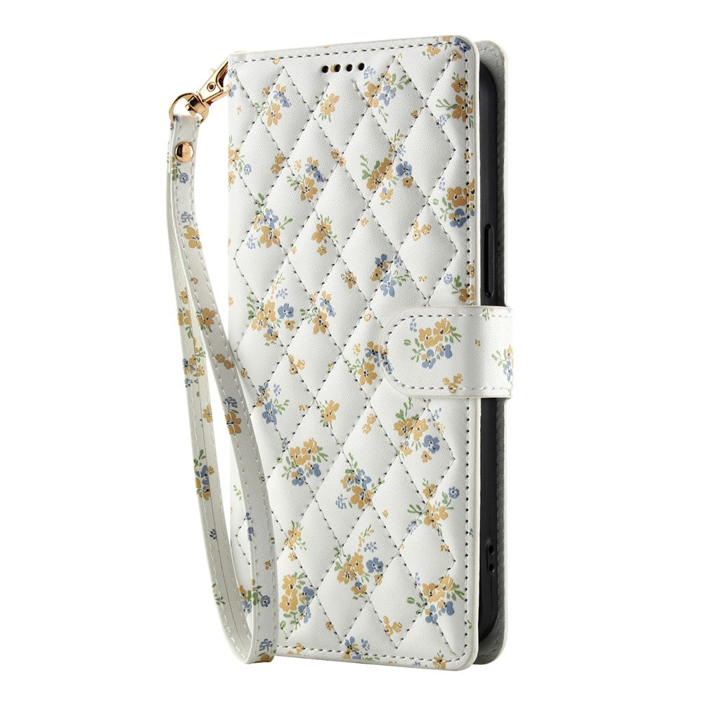 For iPhone 17 Wallet Case Rhombic Floral Design Leather Flip Phone Cover with Strap
