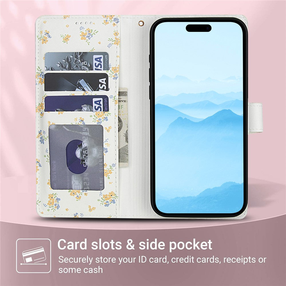 For iPhone 17 Wallet Case Rhombic Floral Design Leather Flip Phone Cover with Strap