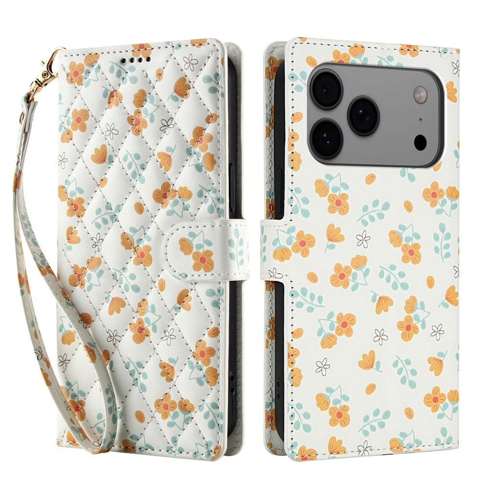 For iPhone 17 Pro Max Wallet Case Rhombic Floral Design Leather Flip Phone Cover with Strap