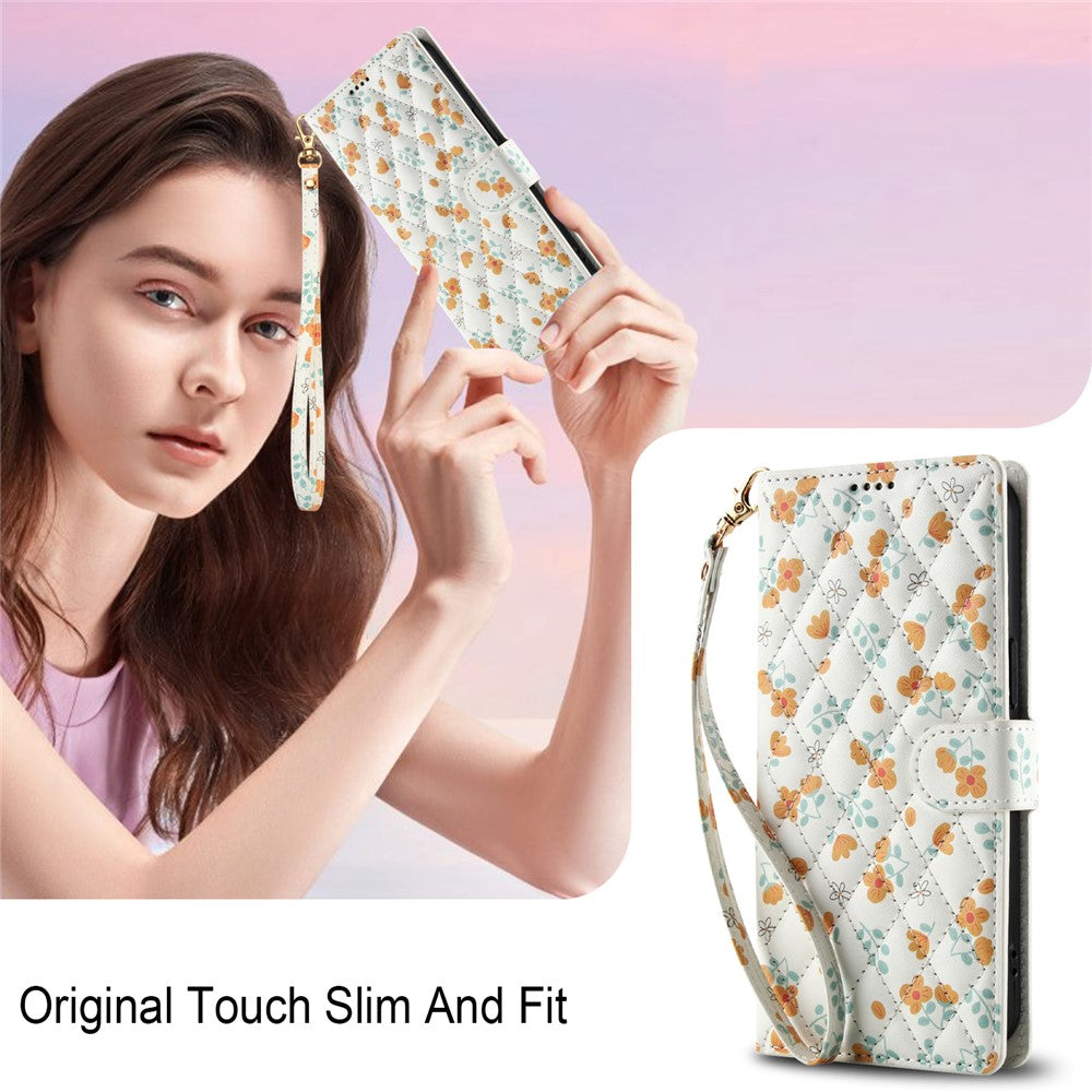For iPhone 17 Pro Max Wallet Case Rhombic Floral Design Leather Flip Phone Cover with Strap