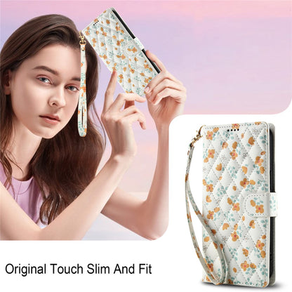 For iPhone 17 Pro Max Wallet Case Rhombic Floral Design Leather Flip Phone Cover with Strap