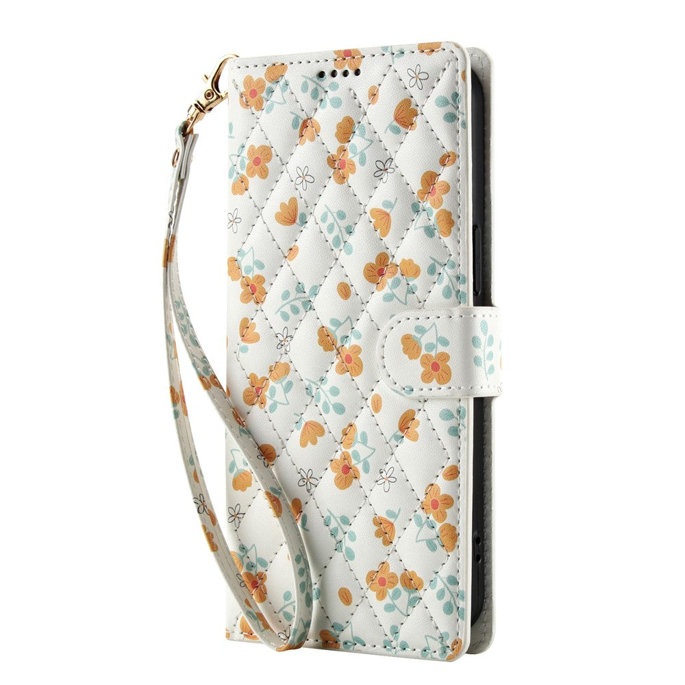 For iPhone 17 Pro Max Wallet Case Rhombic Floral Design Leather Flip Phone Cover with Strap