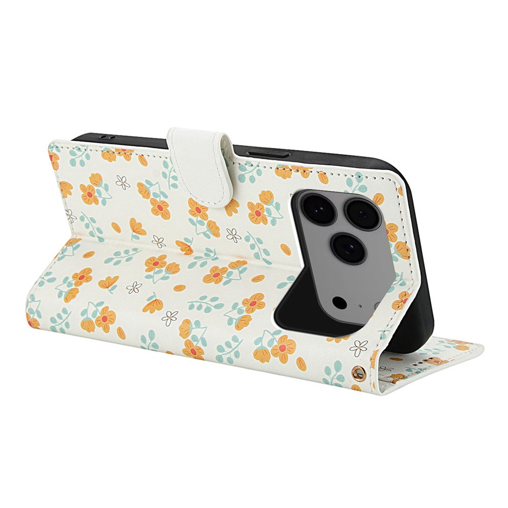 For iPhone 17 Pro Max Wallet Case Rhombic Floral Design Leather Flip Phone Cover with Strap