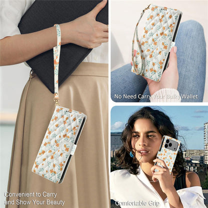 For iPhone 17 Pro Max Wallet Case Rhombic Floral Design Leather Flip Phone Cover with Strap