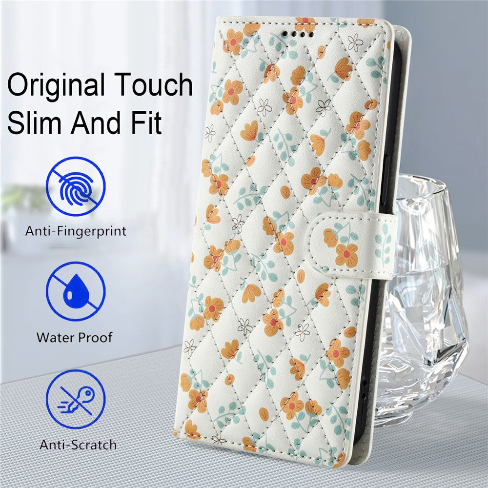 For iPhone 17 Pro Max Wallet Case Rhombic Floral Design Leather Flip Phone Cover with Strap