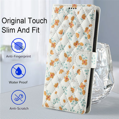 For iPhone 17 Pro Max Wallet Case Rhombic Floral Design Leather Flip Phone Cover with Strap