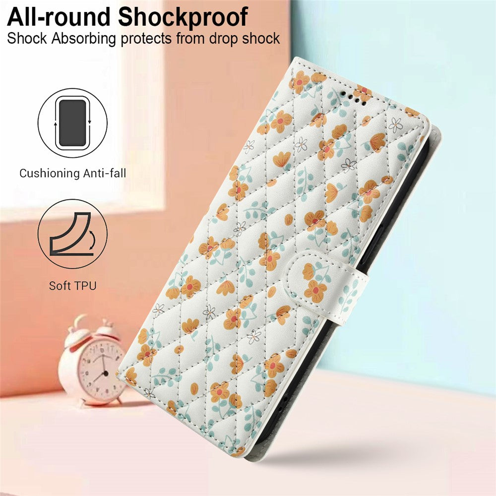 For iPhone 17 Pro Max Wallet Case Rhombic Floral Design Leather Flip Phone Cover with Strap