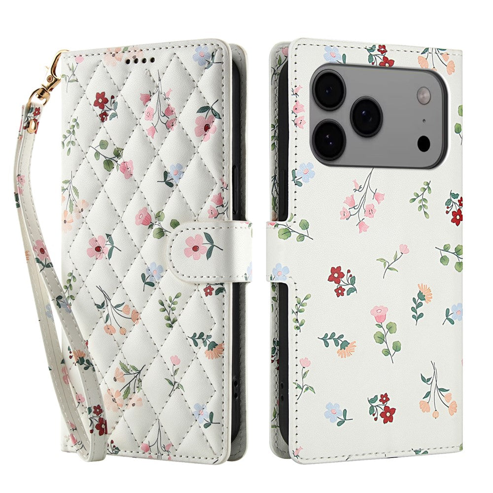 For iPhone 17 Pro Max Wallet Case Rhombic Floral Design Leather Flip Phone Cover with Strap