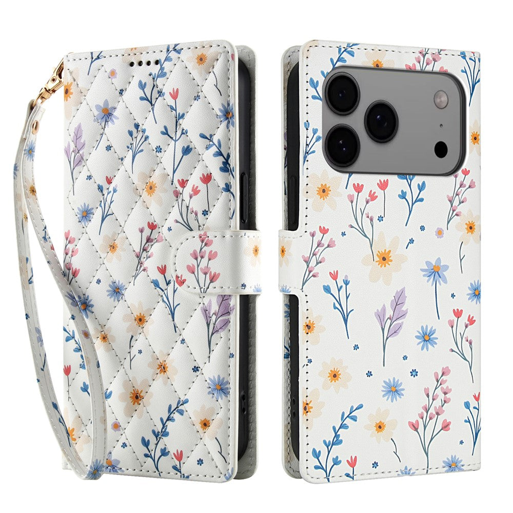 For iPhone 17 Pro Max Wallet Case Rhombic Floral Design Leather Flip Phone Cover with Strap