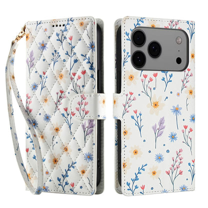 For iPhone 17 Pro Max Wallet Case Rhombic Floral Design Leather Flip Phone Cover with Strap