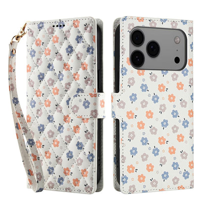 For iPhone 17 Pro Max Wallet Case Rhombic Floral Design Leather Flip Phone Cover with Strap