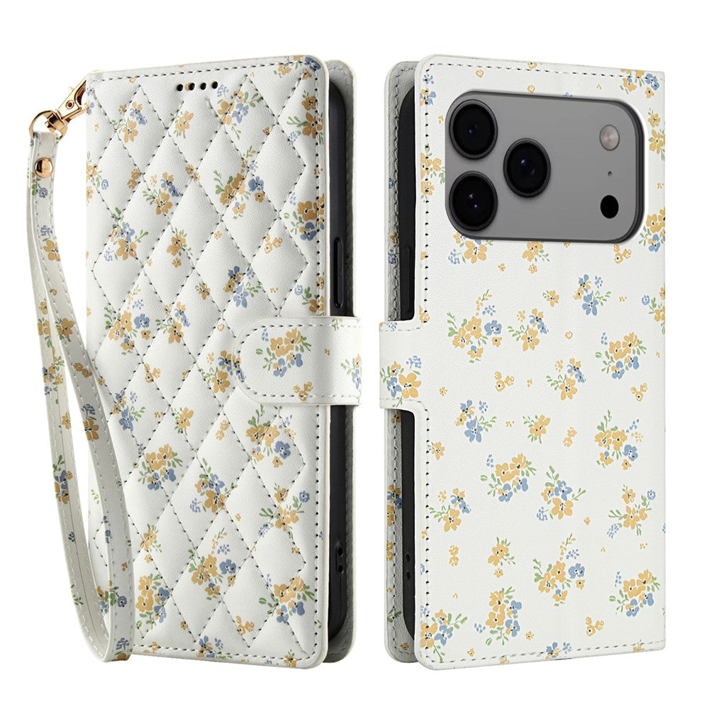 For iPhone 17 Pro Max Wallet Case Rhombic Floral Design Leather Flip Phone Cover with Strap