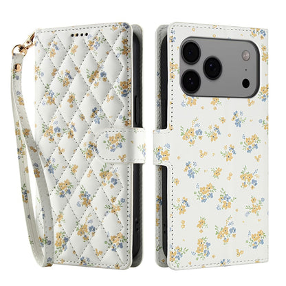 For iPhone 17 Pro Max Wallet Case Rhombic Floral Design Leather Flip Phone Cover with Strap