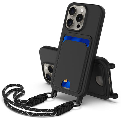 For iPhone 15 Pro Max Liquid Silicone Case  Phone Back Cover with Card Holder and Short Strap