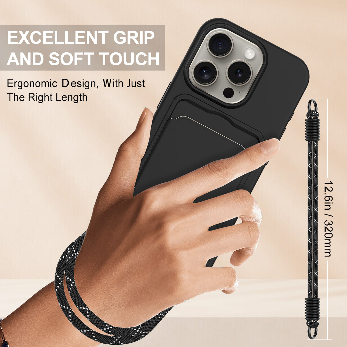For iPhone 15 Pro Max Liquid Silicone Case  Phone Back Cover with Card Holder and Short Strap