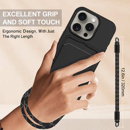 For iPhone 15 Pro Max Liquid Silicone Case  Phone Back Cover with Card Holder and Short Strap