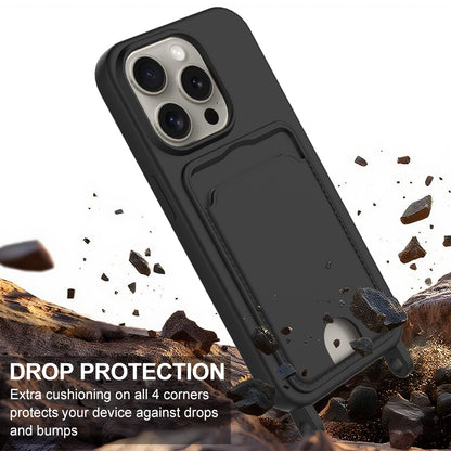 For iPhone 15 Pro Max Liquid Silicone Case  Phone Back Cover with Card Holder and Short Strap