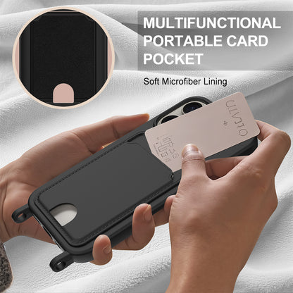 For iPhone 15 Pro Max Liquid Silicone Case  Phone Back Cover with Card Holder and Short Strap