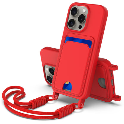 For iPhone 15 Pro Max Liquid Silicone Case  Phone Back Cover with Card Holder and Short Strap