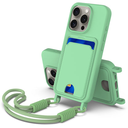 For iPhone 15 Pro Max Liquid Silicone Case  Phone Back Cover with Card Holder and Short Strap