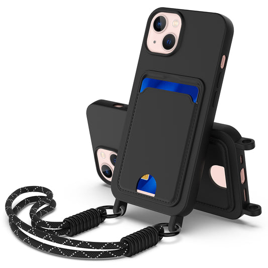 For iPhone 14 Plus / iPhone 15 Plus Liquid Silicone Case  Phone Back Cover with Card Holder and Short Strap