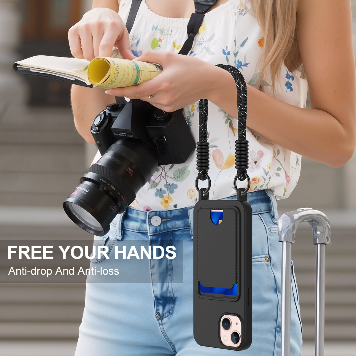 For iPhone 14 Plus / iPhone 15 Plus Liquid Silicone Case  Phone Back Cover with Card Holder and Short Strap