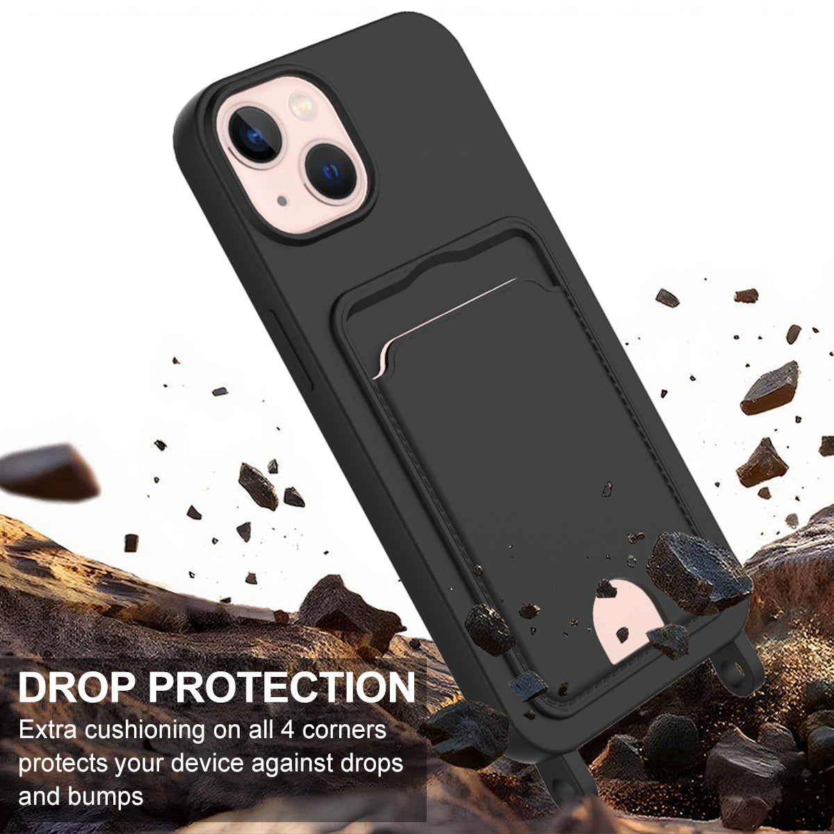 For iPhone 14 Plus / iPhone 15 Plus Liquid Silicone Case  Phone Back Cover with Card Holder and Short Strap