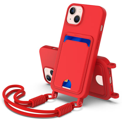 For iPhone 14 Plus / iPhone 15 Plus Liquid Silicone Case  Phone Back Cover with Card Holder and Short Strap