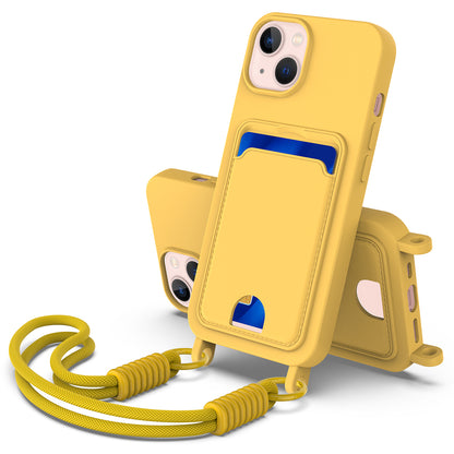 For iPhone 14 Plus / iPhone 15 Plus Liquid Silicone Case  Phone Back Cover with Card Holder and Short Strap