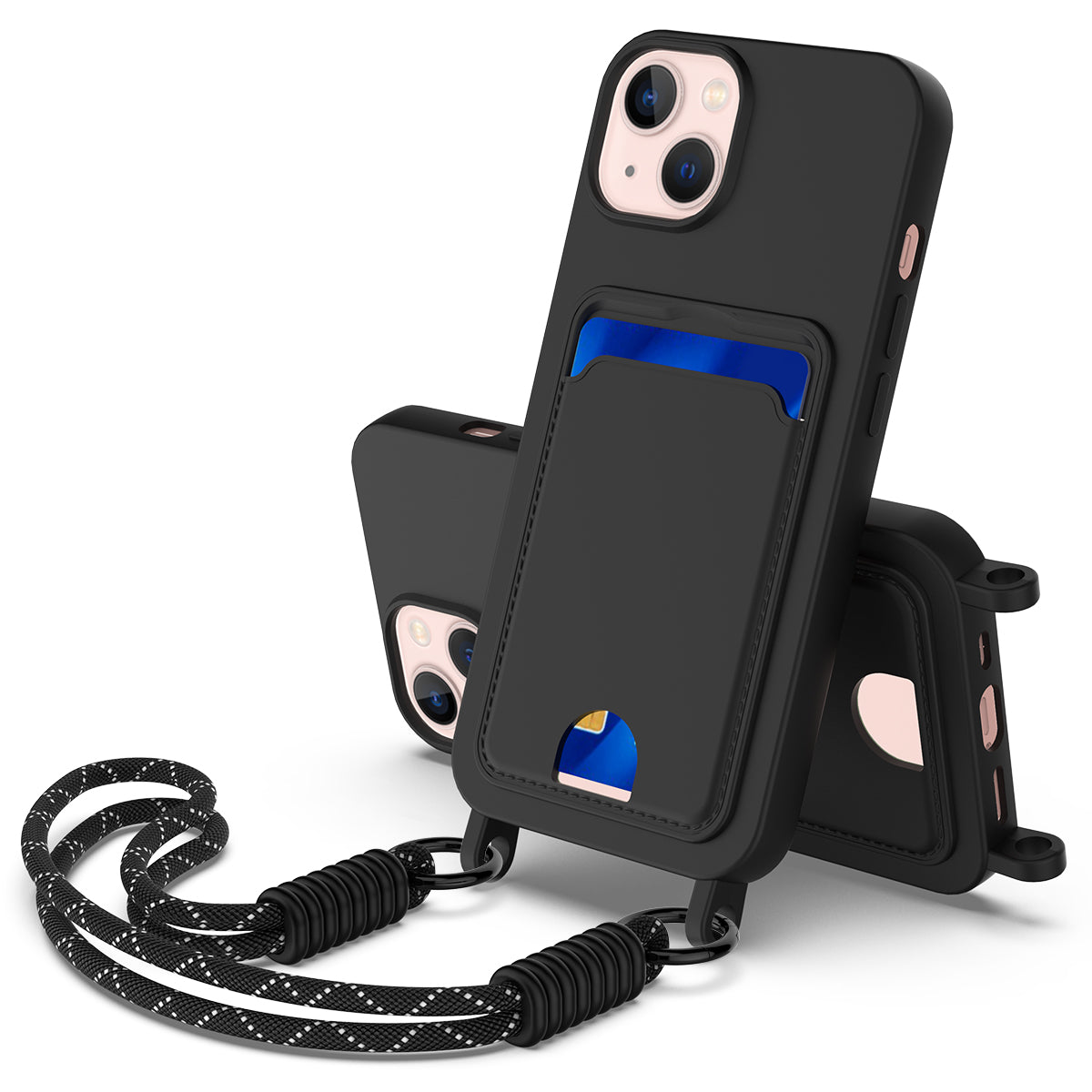 For iPhone 15 Liquid Silicone Case  Phone Back Cover with Card Holder and Short Strap