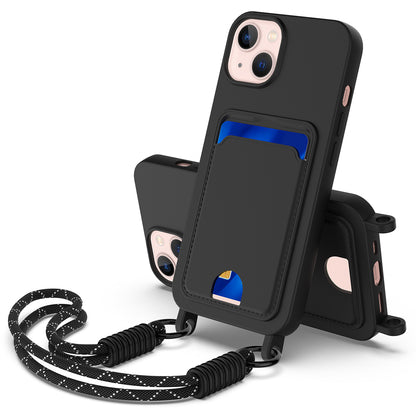 For iPhone 15 Liquid Silicone Case  Phone Back Cover with Card Holder and Short Strap
