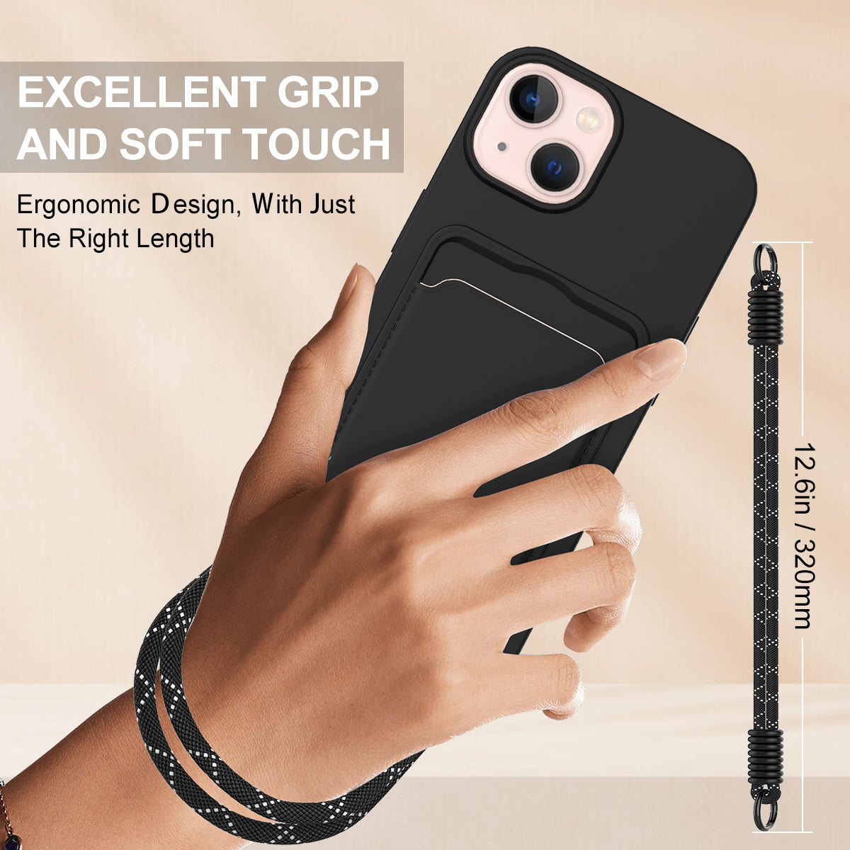 For iPhone 15 Liquid Silicone Case  Phone Back Cover with Card Holder and Short Strap