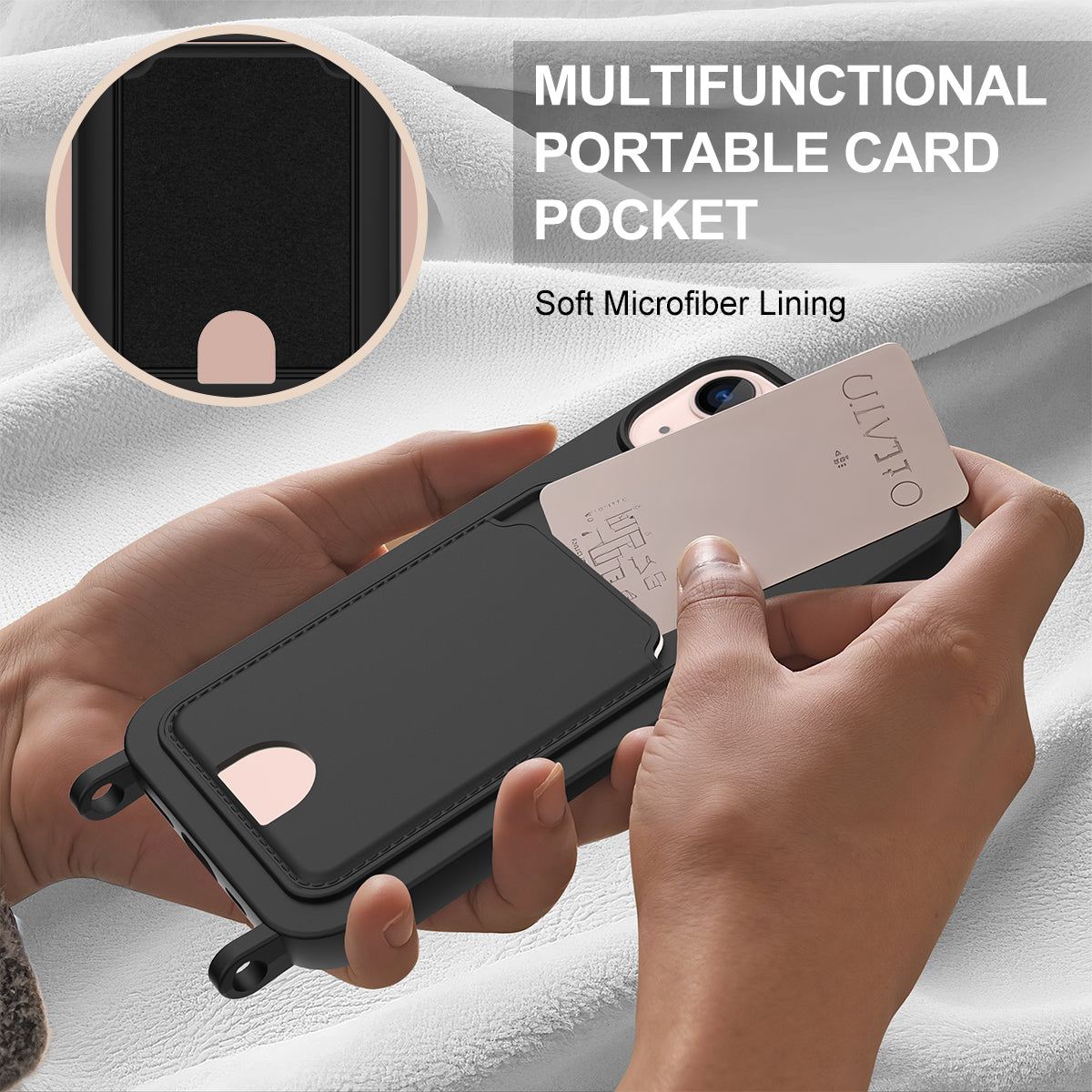 For iPhone 15 Liquid Silicone Case  Phone Back Cover with Card Holder and Short Strap