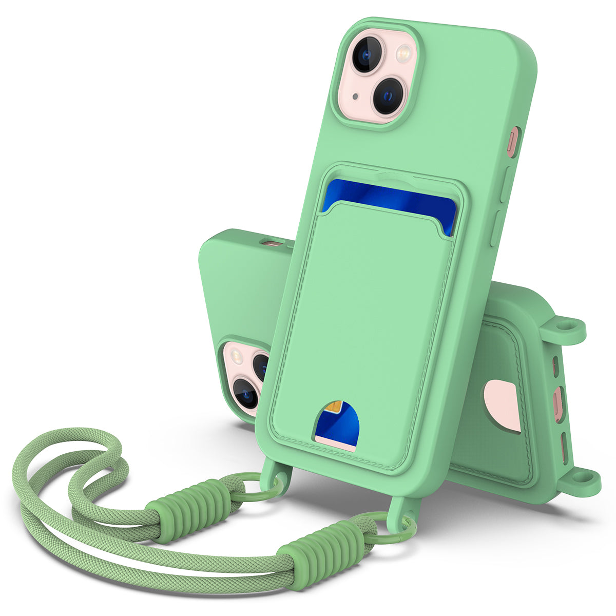 For iPhone 15 Liquid Silicone Case  Phone Back Cover with Card Holder and Short Strap