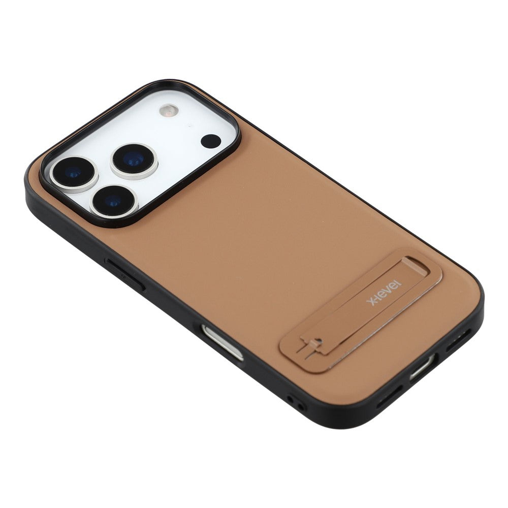 X-LEVEL For iPhone 17 Pro Max Case Leather Coated PC TPU Phone Back Cover with Metal Kickstand