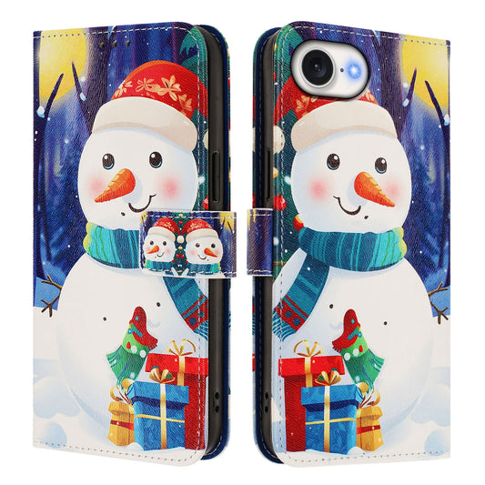 For iPhone 17e / 16e Wallet Case Christmas Pattern Printing Leather Phone Cover with Lanyard
