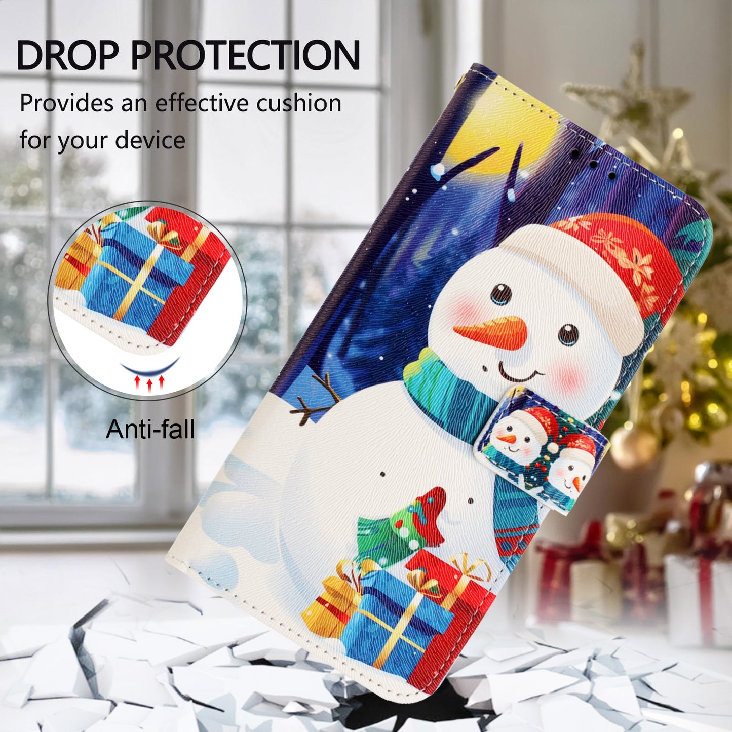 For iPhone 17e / 16e Wallet Case Christmas Pattern Printing Leather Phone Cover with Lanyard