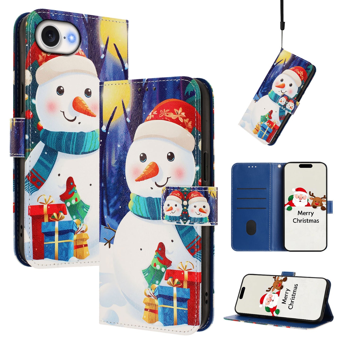 For iPhone 17e / 16e Wallet Case Christmas Pattern Printing Leather Phone Cover with Lanyard