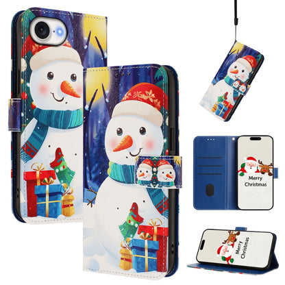 For iPhone 17e / 16e Wallet Case Christmas Pattern Printing Leather Phone Cover with Lanyard