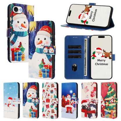 For iPhone 17e / 16e Wallet Case Christmas Pattern Printing Leather Phone Cover with Lanyard