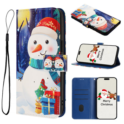 For iPhone 17e / 16e Wallet Case Christmas Pattern Printing Leather Phone Cover with Lanyard