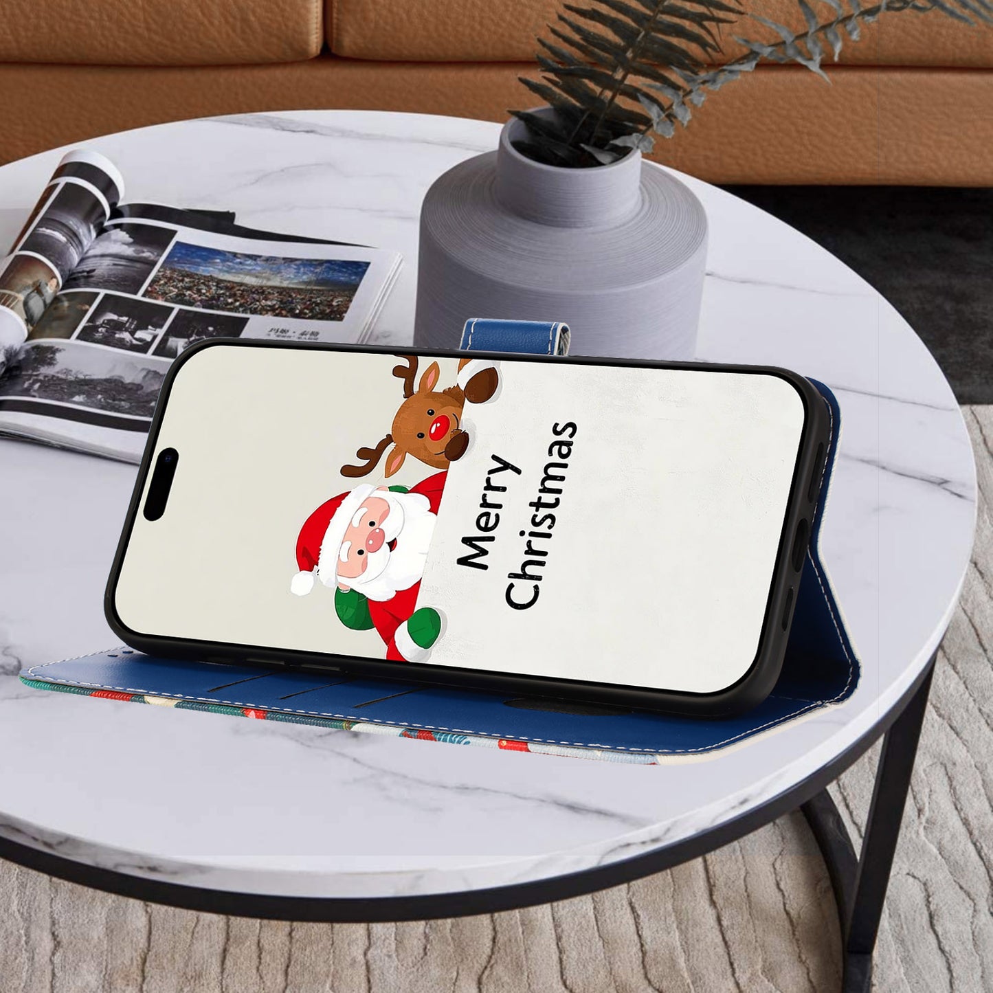 For iPhone 17e / 16e Wallet Case Christmas Pattern Printing Leather Phone Cover with Lanyard